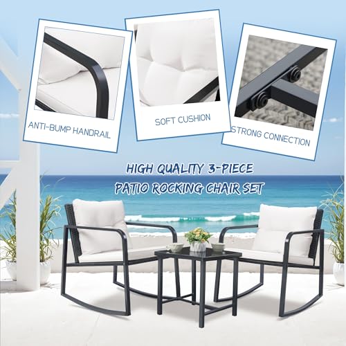 Greesum 3-Piece Rocking Wicker Bistro Set with Glass Coffee Table, Beige T6480