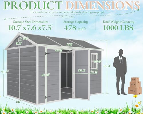 Outdoor Resin Storage Shed with Floor, Windows & Air Vents, Grey X450