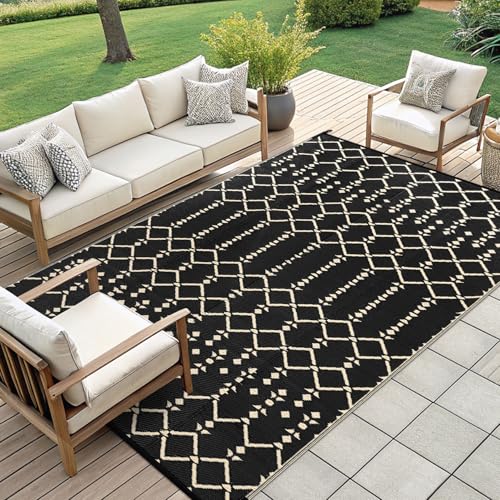 Smiry Waterproof Outdoor Rug 5x8 ft, Reversible Plastic Straw Patio Mat, Black & Beige P20186