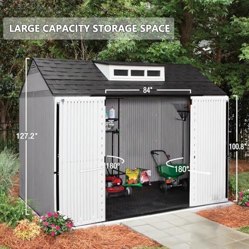 Resin Outdoor Storage Shed with Floor, Weatherproof, Lockable, Brown, 7x7 FT S969