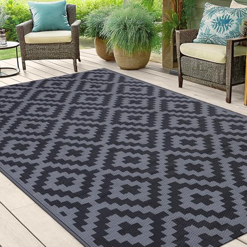 Smiry Waterproof Outdoor Rug 5x8 ft, Reversible Plastic Straw Patio Mat, Black & Beige P20186