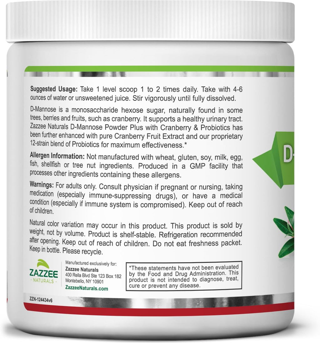 Zazzee D-Mannose Powder Plus, 2000 mg, 67 Servings, with Probiotics & Cranberry, 6.5 Oz Z235