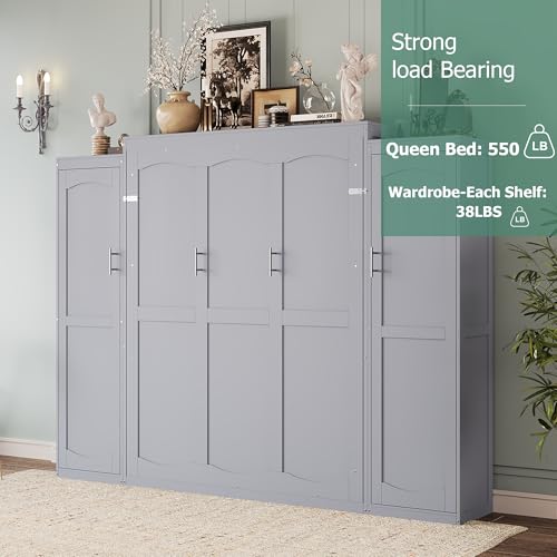 Polib Full Size Murphy Bed with Two Wardrobes and Storage Shelf, White S302797