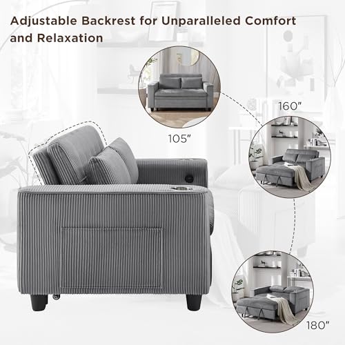 OKD 3 in 1 Convertible Sleeper Sofa Bed, Corduroy Pull Out Futon Couch with Charging Station, Light Grey Y57647