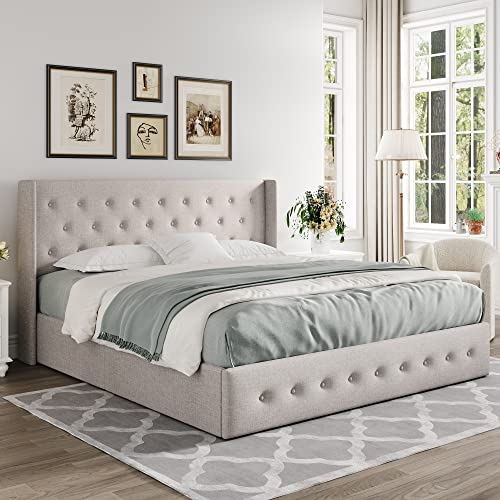 Allewie Full Size Lift Up Storage Bed with Wingback Headboard, Light Beige C85153