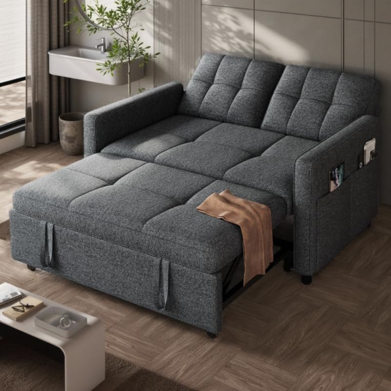 DWVO 55" Convertible Sofa Bed, 3-in-1 Sleeper Sofa with Pull-Out Bed, Linen Futon Couch W749781