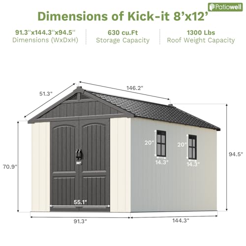 Patiowell 8 x 12 FT Plastic Outdoor Storage Shed with Floor, Window and Lockable Door F41822