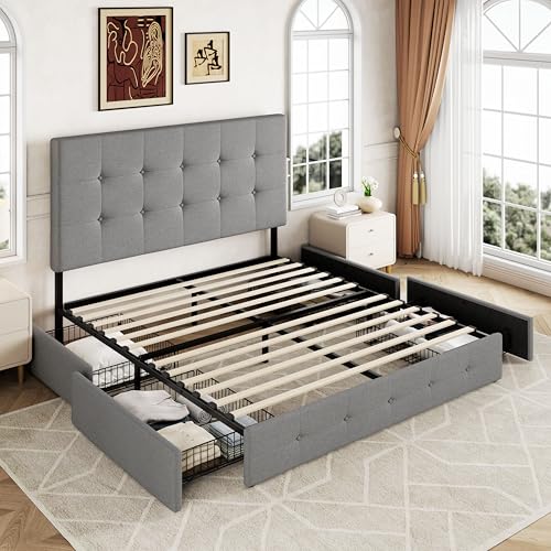Allewie Upholstered Queen Platform Bed Frame with 4 Drawers and Headboard, Light Grey A922