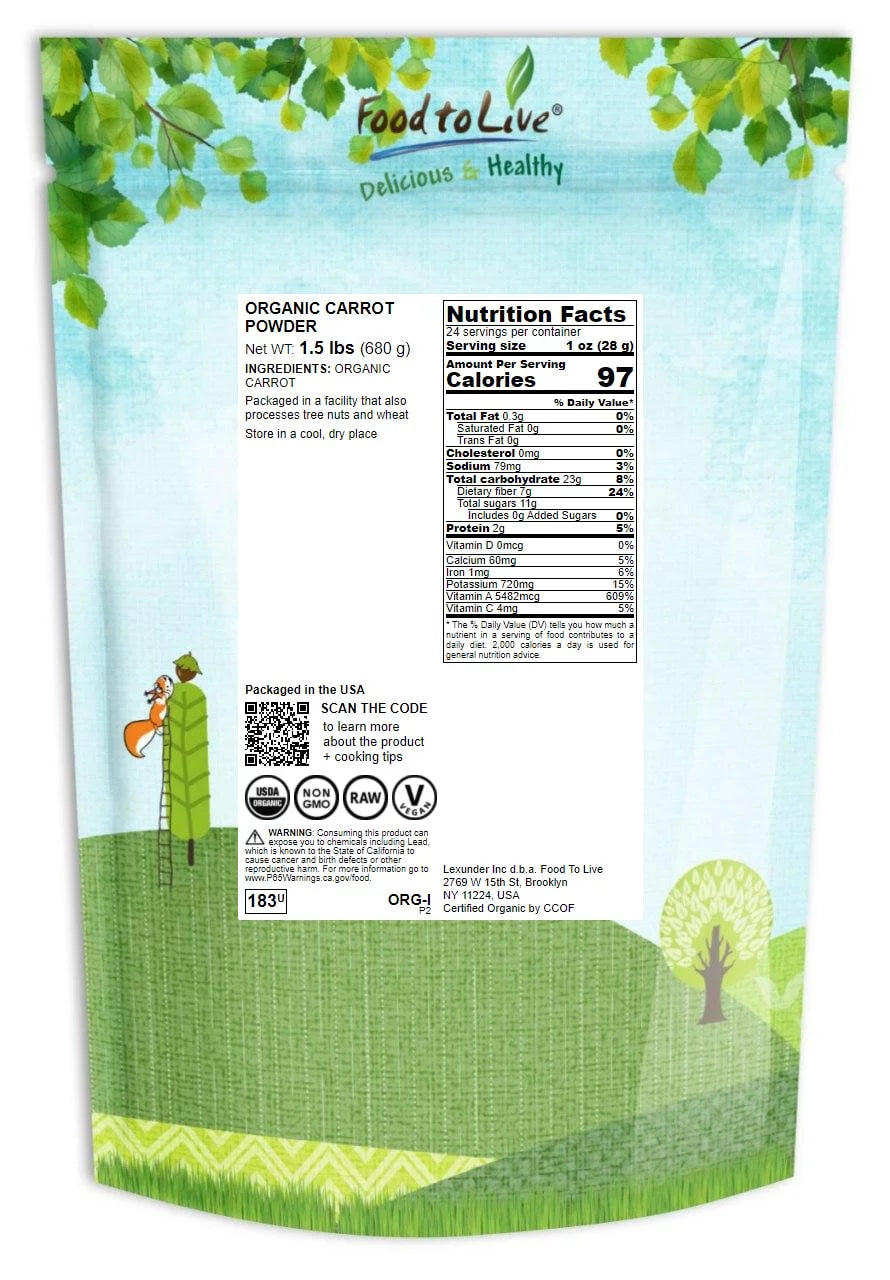 Organic Carrot Powder, 1.5 lbs, Non-GMO, Kosher, Vegan by Food to Live Q29189