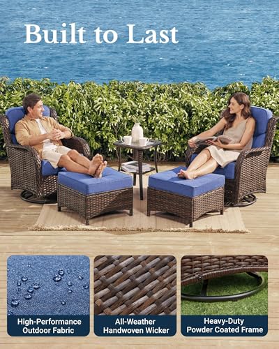 Luxury Patio Furniture Set 7PCS Wicker Conversation Set with Blue Cushions J5390