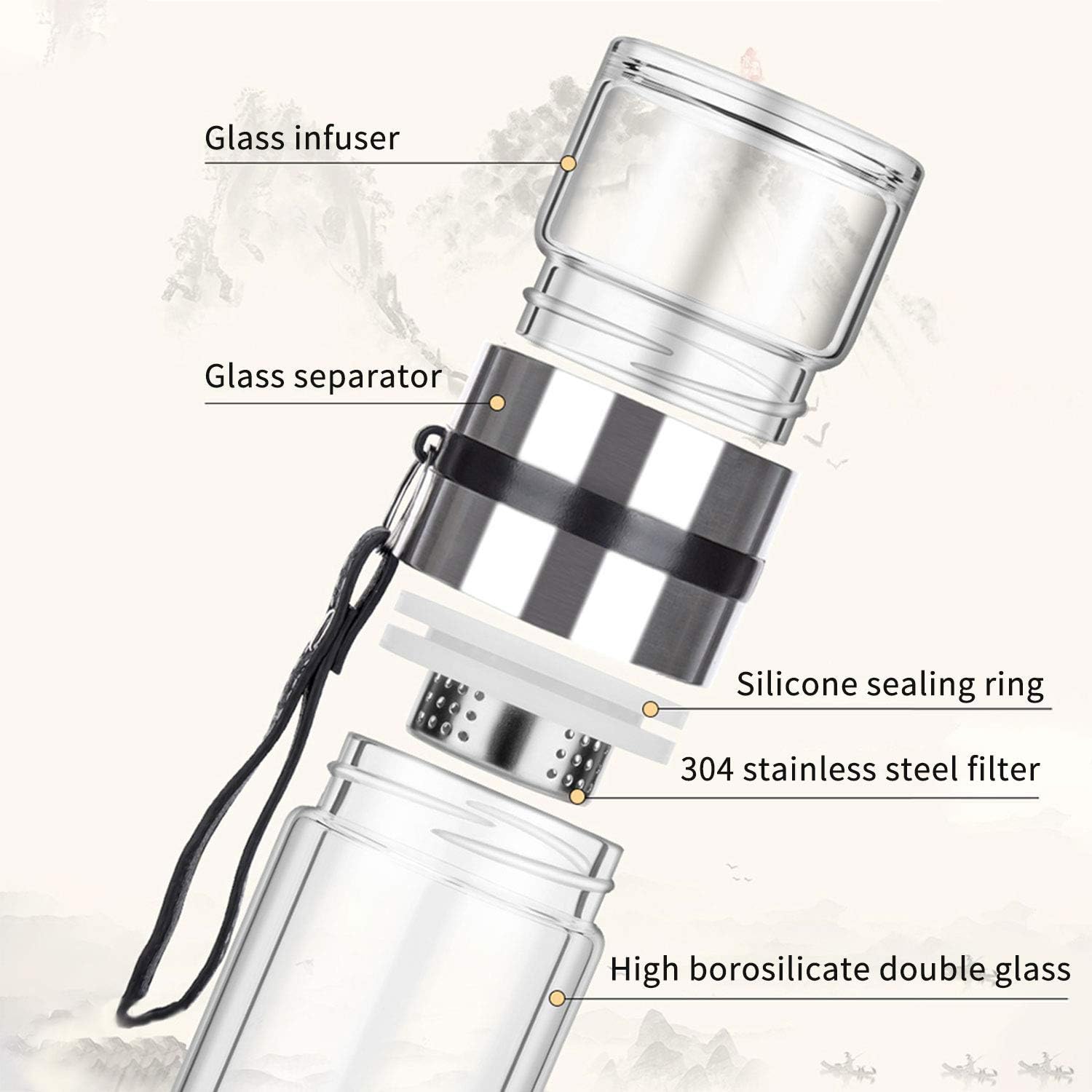 PARACITY Glass Tea Infuser Bottle Double Wall Portable Tumbler 13 OZ K30741