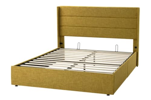 Allewie Full Size Lift Up Storage Bed with Wingback Headboard, Light Beige C85153