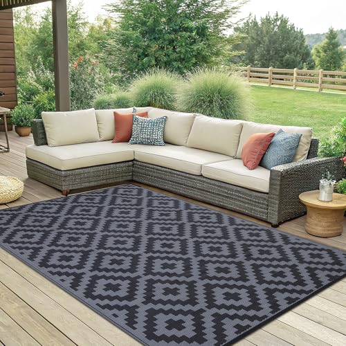 Smiry Waterproof Outdoor Rug 5x8 ft, Reversible Plastic Straw Patio Mat, Black & Beige P20186