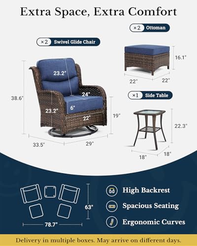 Luxury Patio Furniture Set 7PCS Wicker Conversation Set with Blue Cushions J5390