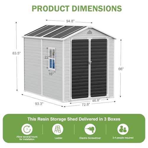 8x6x7 FT Resin Storage Shed, Waterproof Outdoor Tool Shed with Floor, Dove Grey C693740