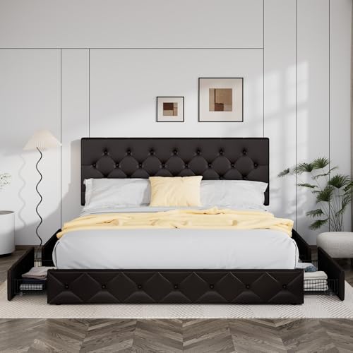 Allewie Upholstered Queen Platform Bed Frame with 4 Drawers and Headboard, Light Grey A922