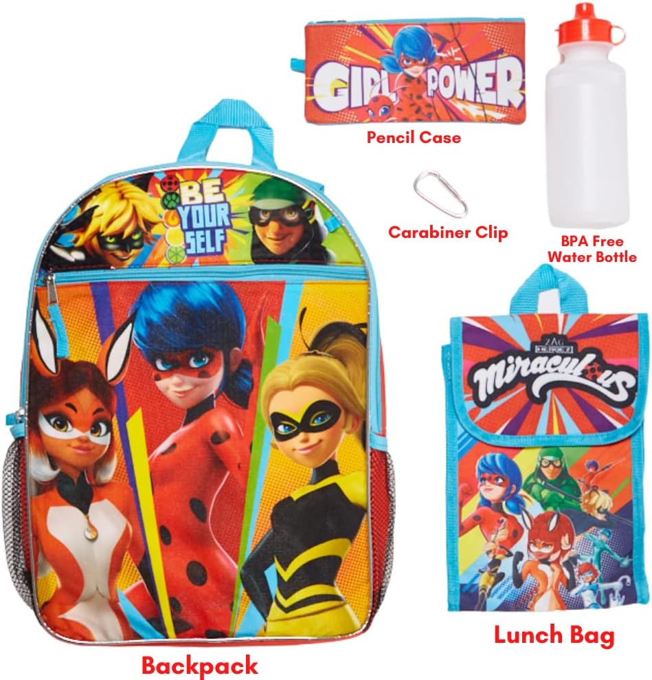 Miraculous Ladybug Girl Power Backpack Set for Girls, 16 inch with Lunch Bag & Pencil Case W2787