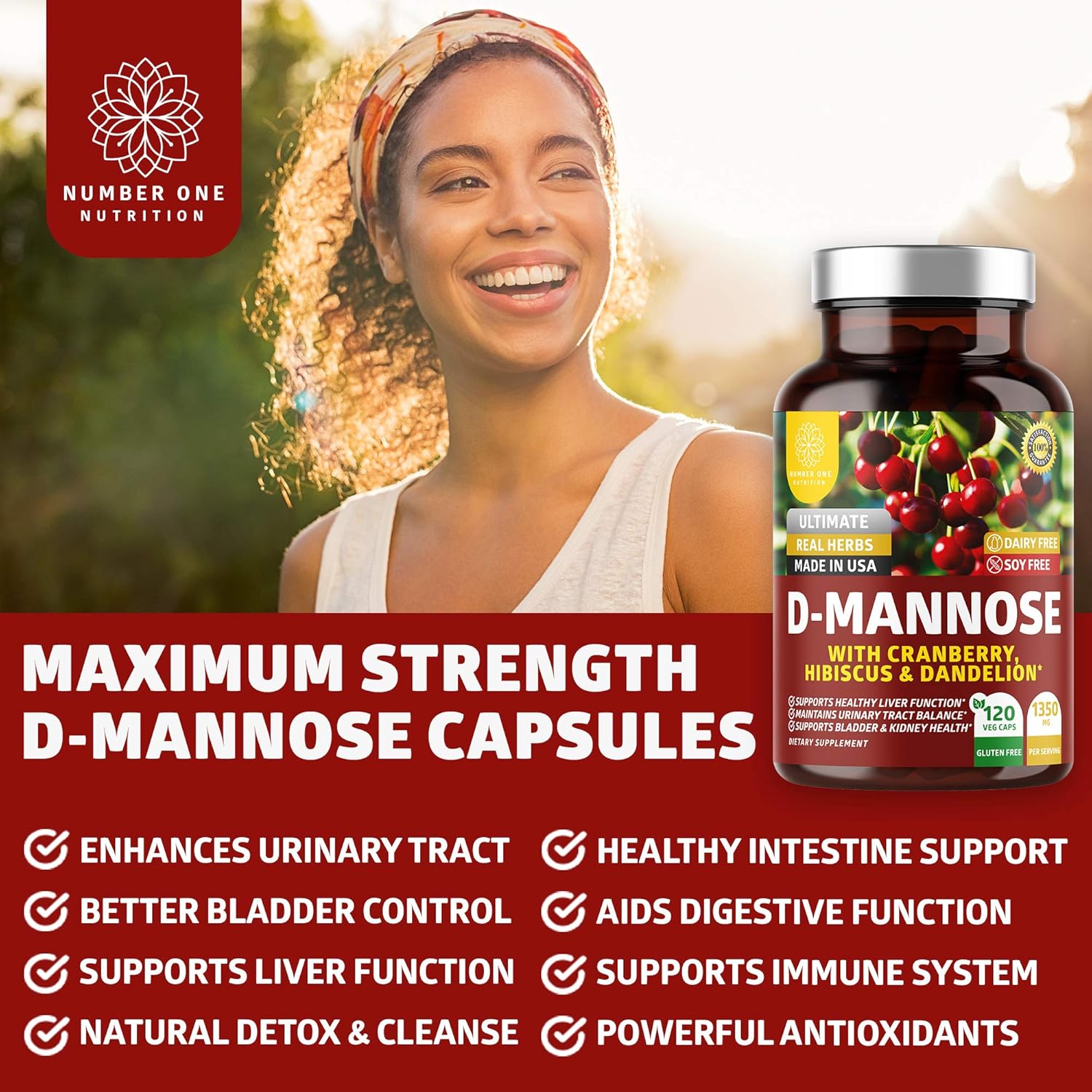 Number One Nutrition D Mannose with Cranberry and Hibiscus 1350mg, 120 Veg Caps L38211