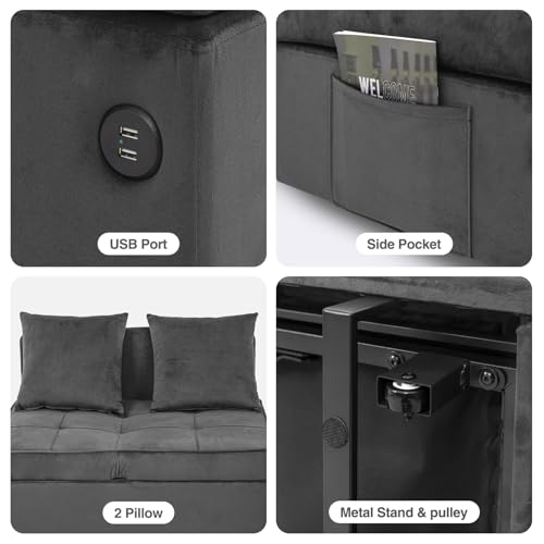 Velvet Convertible Sofa Bed Sleeper Chair with 2 Throw Pillows, Dark Grey U621331