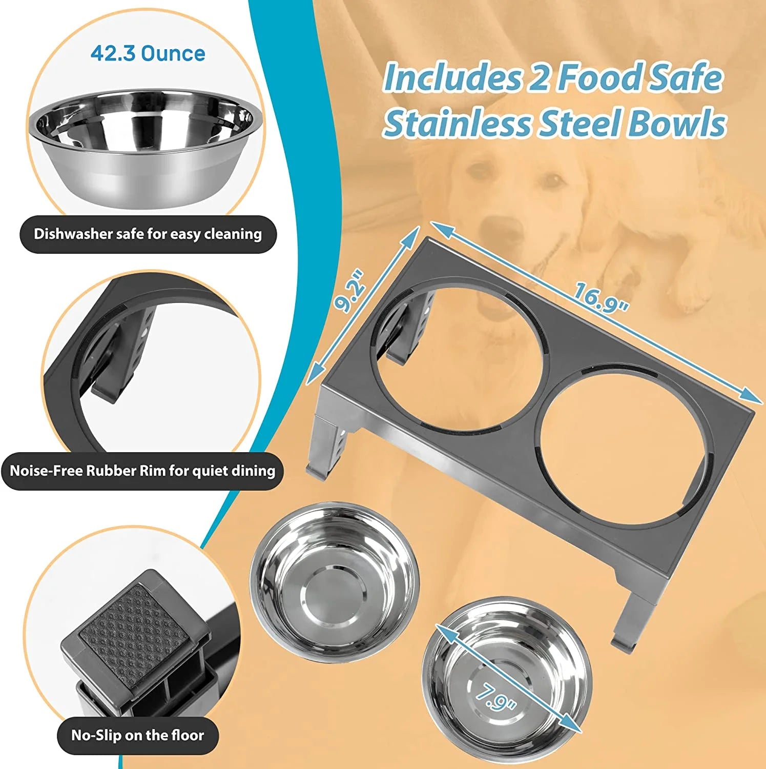 ZALALOVA Elevated Dog Bowls Stand with 2 Stainless Steel Dishes, Adjustable Height for Medium and Large Dogs G801