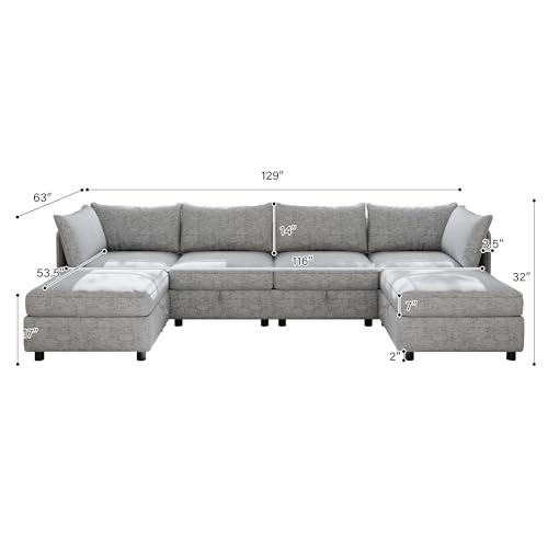 Oversized Modular Sectional Sofa with Movable Ottomans, U-Shaped Chenille J2923