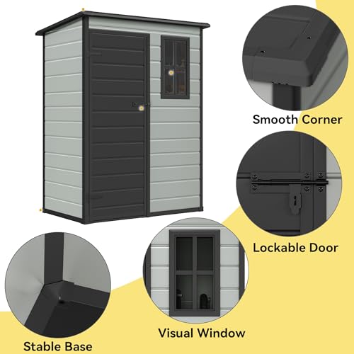 DWVO 5x3 FT Outdoor Storage Shed with Floor, Lockable Door & Window, Blue-Gray J40973