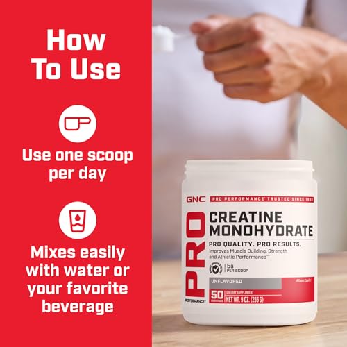 GNC Pro Performance Creatine Monohydrate Powder, 5g per Serving, 50 Servings I927