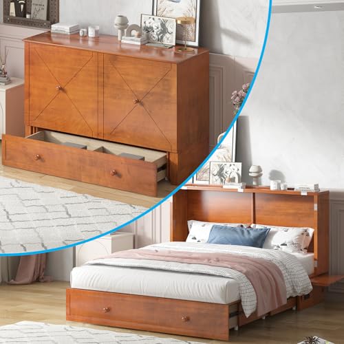 Mjkone Queen Size Murphy Bed with Tri-Folding Mattress and Charging Station N4725