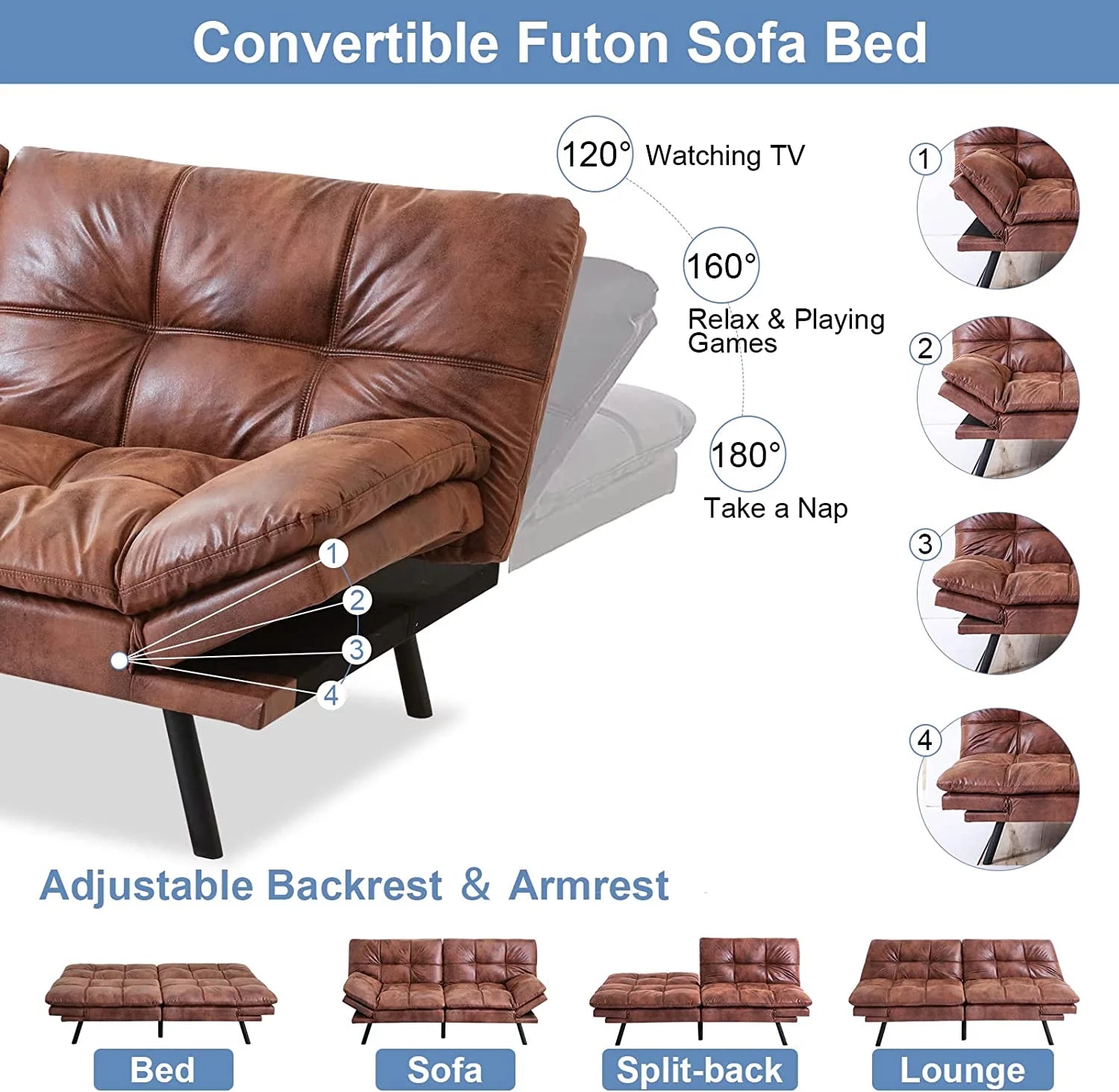 RUNFAYBIU Futon Sofa Bed Memory Foam Convertible Faux Leather with Adjustable Armrests D258720