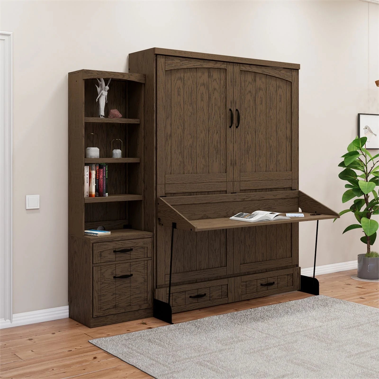 RoomAndLoft Cape Cod Wood Queen Murphy Wall Desk Bed with Shelf Storage, Brown U68106