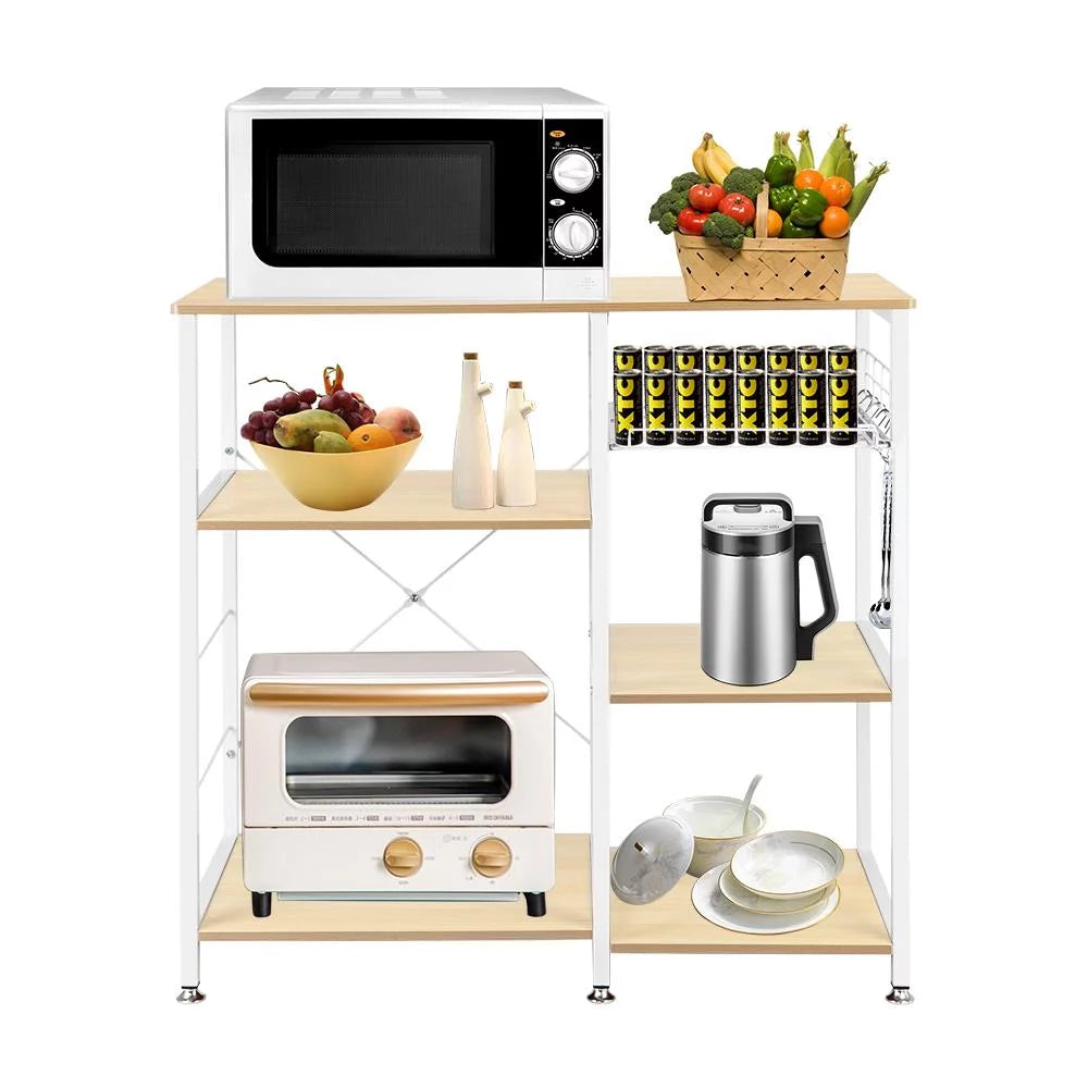 UBesGoo Bakers Rack with Basket, Wood Storage Shelf, White Oak Finish P842676