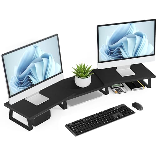Large Dual Monitor Stand - Computer Monitor Stand, Desk Shelf For Monitor, Wood Monitor Stand With Adjustable Length And Angle, Desktop Organizer, Large Monitor Stand For Pc, Laptop (Vintage)