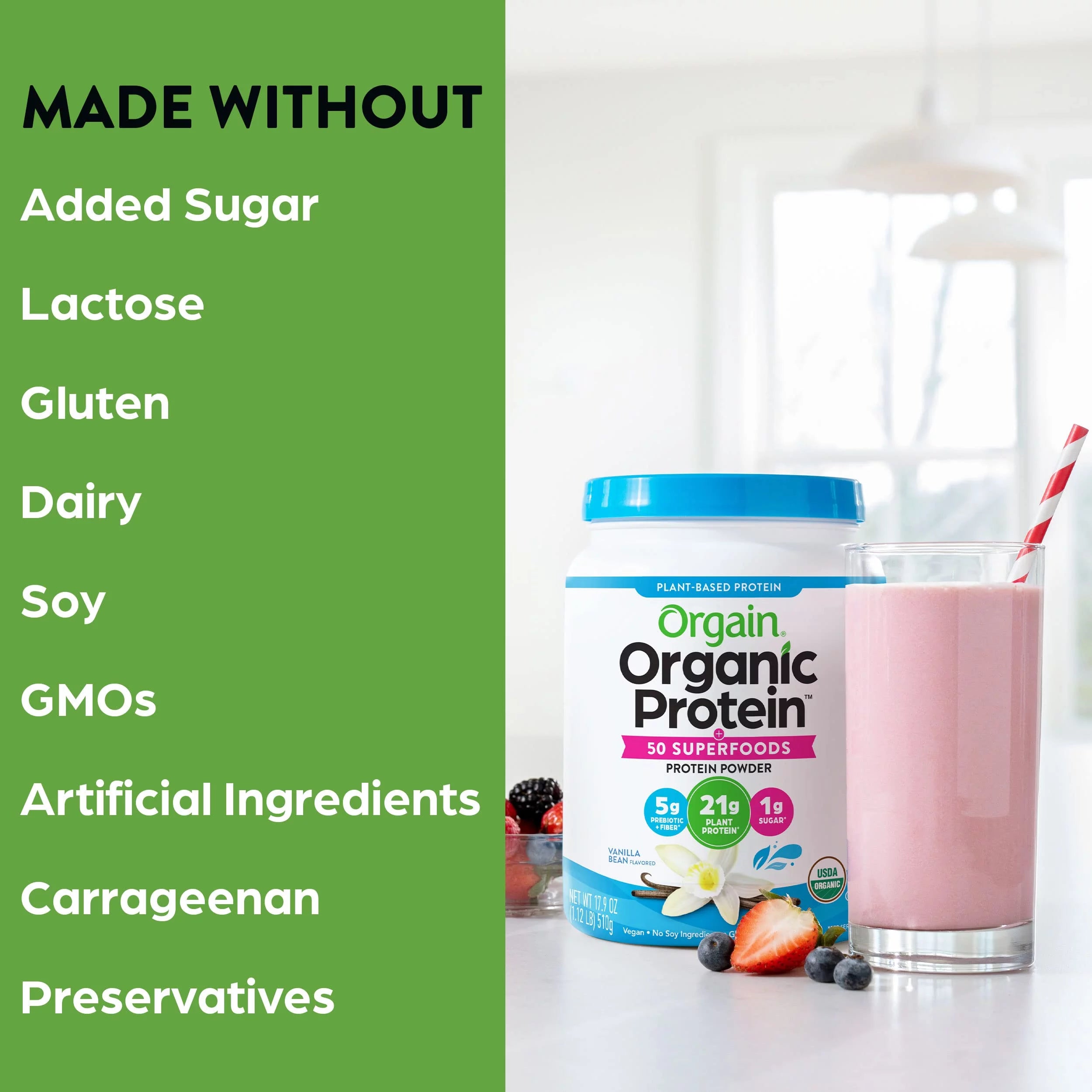 Orgain Organic Vegan Protein Powder Vanilla Bean, 21g Plant Based Protein, 2.02lb D9636
