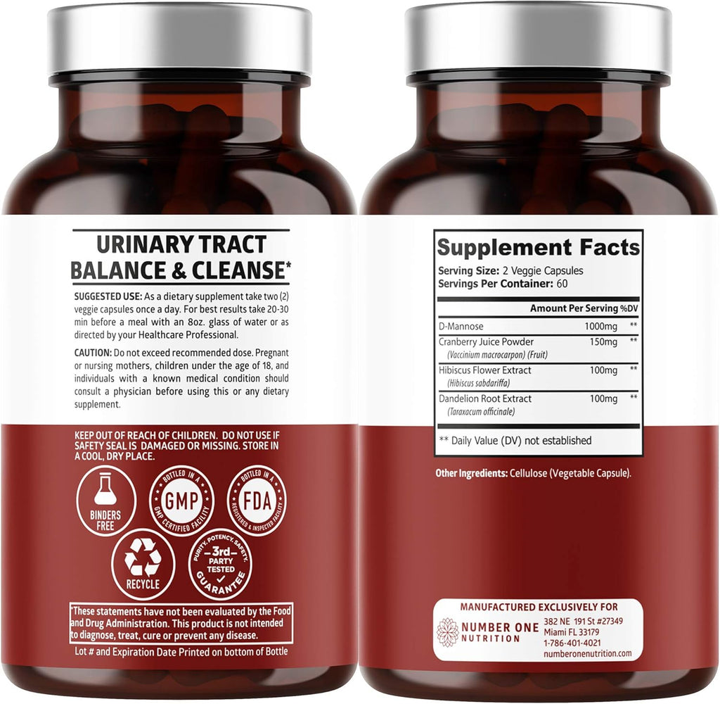 Number One Nutrition D Mannose with Cranberry and Hibiscus 1350mg, 120 Veg Caps L38211