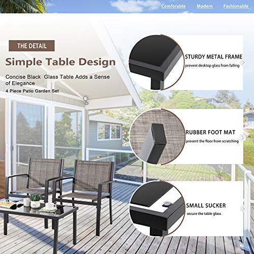 Vongrasig 4 Piece Patio Conversation Set with Glass Coffee Table, Black E428