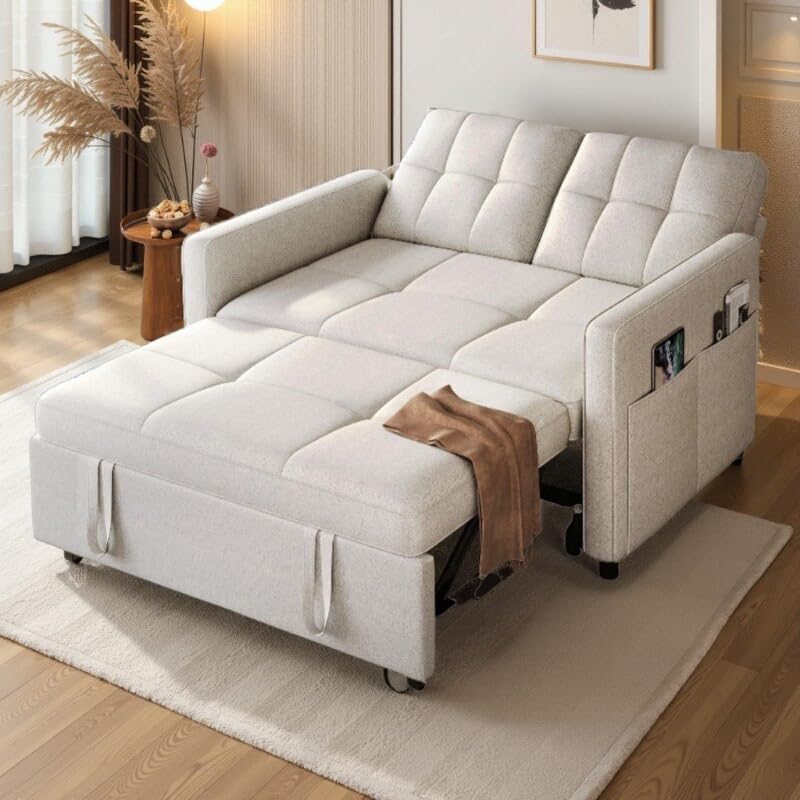 DWVO 55" Convertible Sofa Bed, 3-in-1 Sleeper Sofa with Pull-Out Bed, Linen Futon Couch W749781