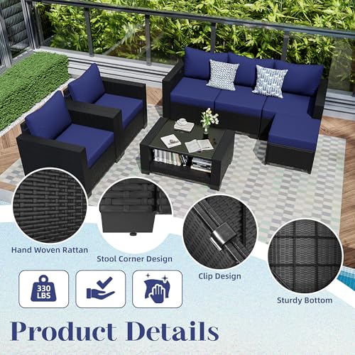 KIGOTY Patio Furniture Set 7 Pieces Outdoor Sectional Sofa with Cushions and Glass Coffee Table B60021