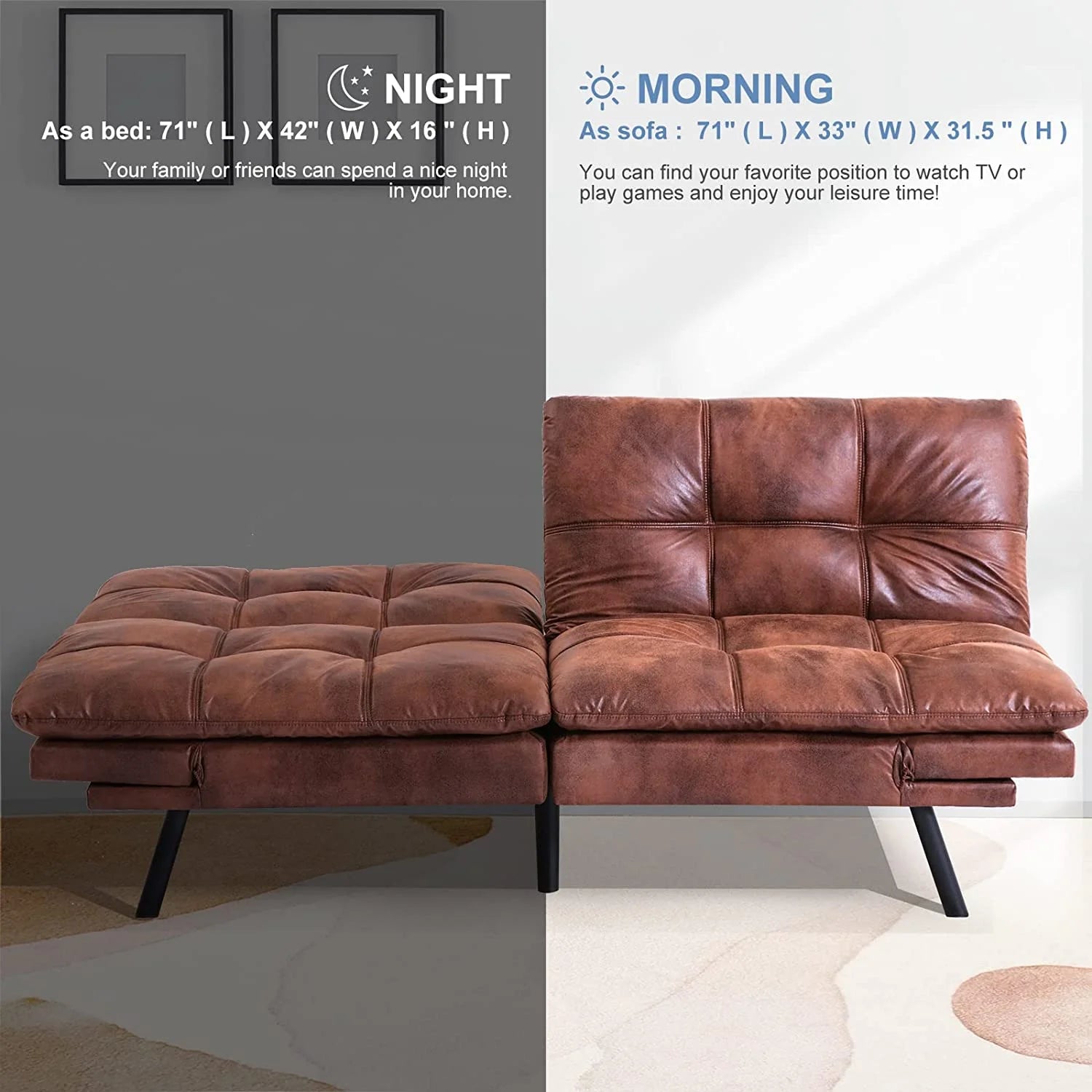 RUNFAYBIU Futon Sofa Bed Memory Foam Convertible Faux Leather with Adjustable Armrests D258720