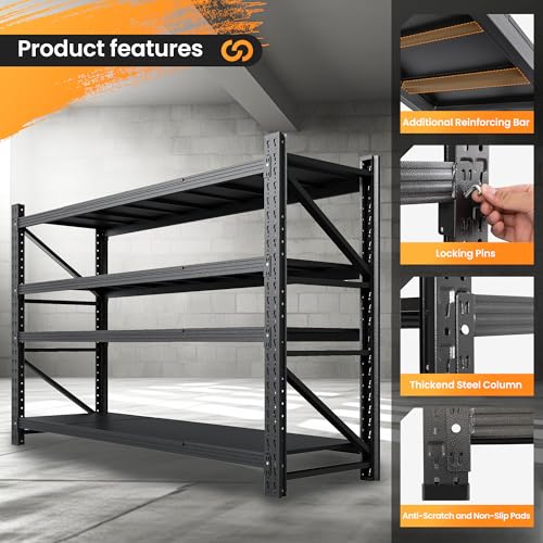 71" W Heavy Duty Steel Garage Shelving, 4-Tier Adjustable Storage Rack, Black C40455