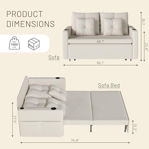 3 in 1 Pull Out Couch Convertible Sleeper Sofa Bed with Cup Holders, Grey U432