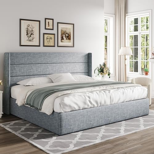 Allewie Full Size Lift Up Storage Bed with Wingback Headboard, Light Beige C85153