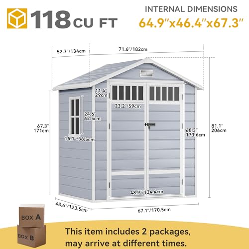 DWVO 6x4.4 FT Resin Storage Shed with Fence-Style, Side Windows, Lockable Door, Gray U891795