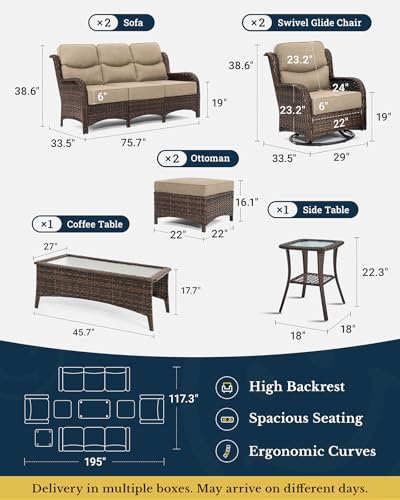 Luxury Patio Furniture Set 7PCS Wicker Conversation Set with Blue Cushions J5390