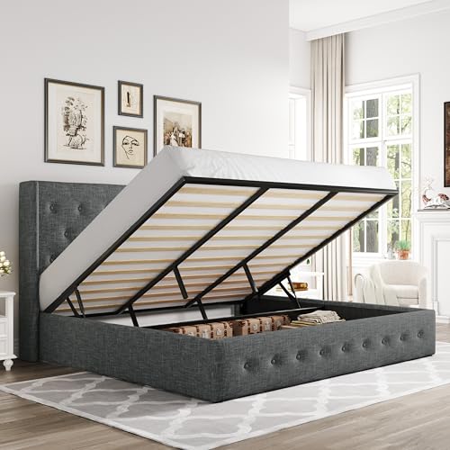 Allewie Full Size Lift Up Storage Bed with Wingback Headboard, Light Beige C85153