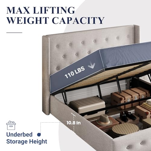 Allewie Full Size Lift Up Storage Bed with Wingback Headboard, Light Beige C85153