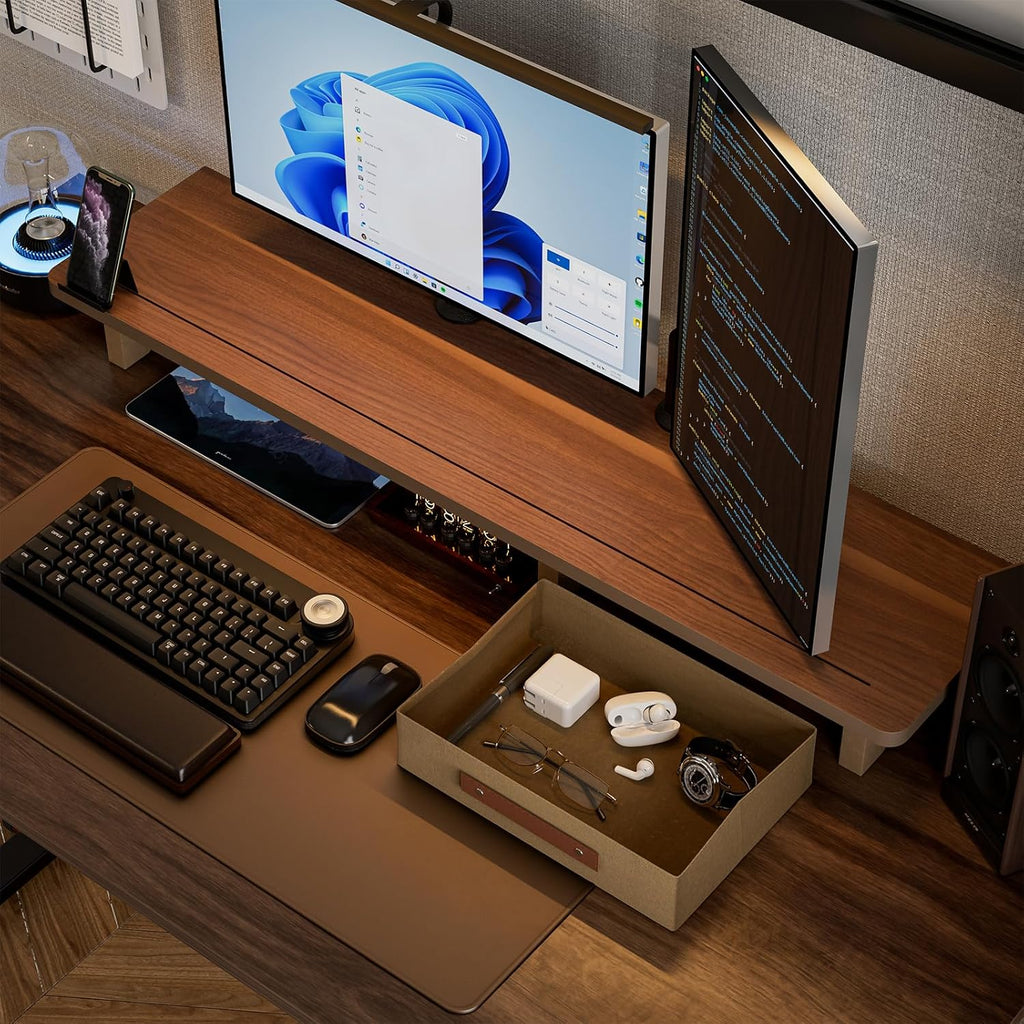 Dual Monitor Riser with Drawers, Sturdy Wood Stand for 2 Monitors N85730