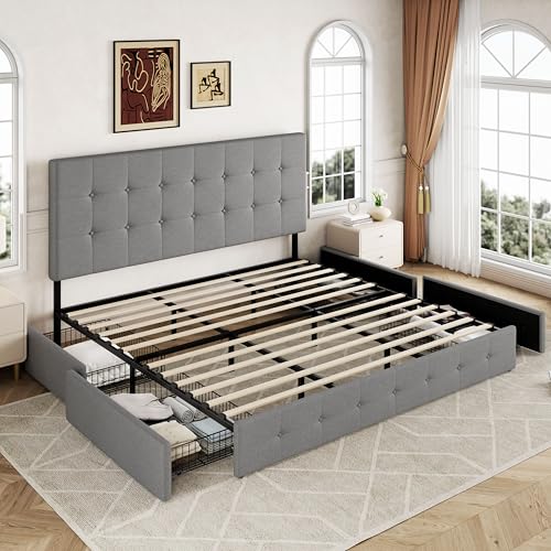 Allewie Upholstered Queen Platform Bed Frame with 4 Drawers and Headboard, Light Grey A922