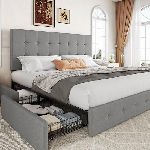 Allewie Upholstered Queen Platform Bed Frame with 4 Drawers and Headboard, Light Grey A922