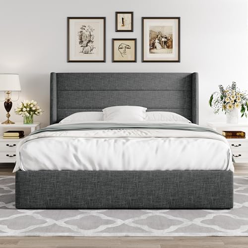 Allewie Full Size Lift Up Storage Bed with Wingback Headboard, Light Beige C85153