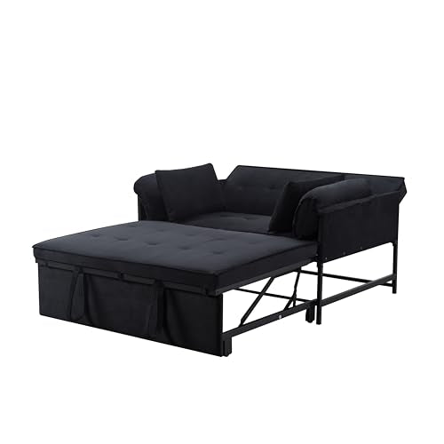 3 in 1 Sleeper Sofa Bed with Side Pocket, Black Convertible Futon Couch W34330